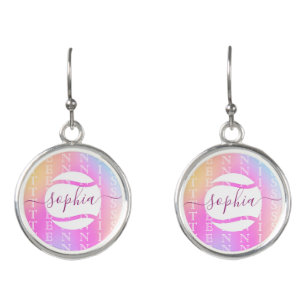 Rainbow Tennis Typography Ball & Girl Players Kids Earrings