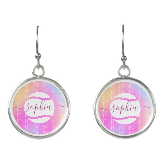 Rainbow Tennis Typography Ball & Girl Players Kids Earrings (Front)