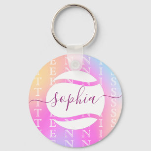 Rainbow Tennis Typography Ball & Girl Players Kids Keychain