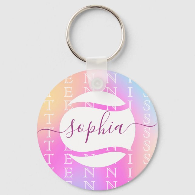 Rainbow Tennis Typography Ball & Girl Players Kids Keychain (Front)