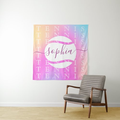 Rainbow Tennis Typography Ball  Girl Players Kids Tapestry