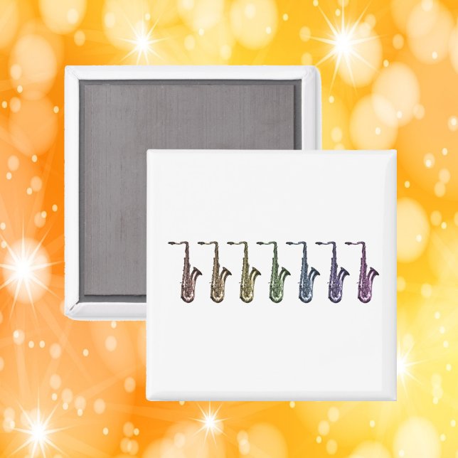 Rainbow Tenor Saxophone Lineup  Magnet (A magnet with a rainbow lineup of tenor saxophones.)
