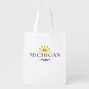 Rainbow text Michigan Reusable Grocery Bag