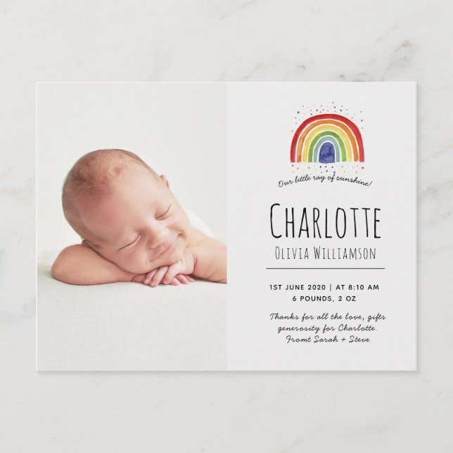 Rainbow thank you card, birth announcements (Front)