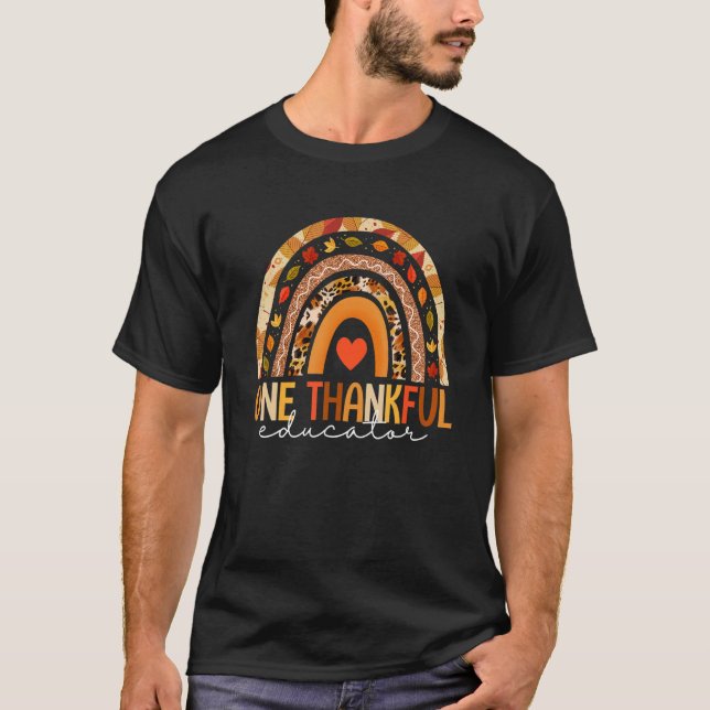Rainbow Thankful Educator Fall Leaves Autumn Thank T-Shirt (Front)