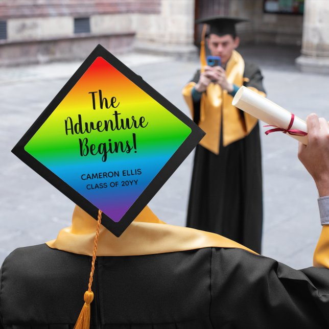 Rainbow The Adventure Begins Personalized Graduation Cap Topper (Creator Uploaded)