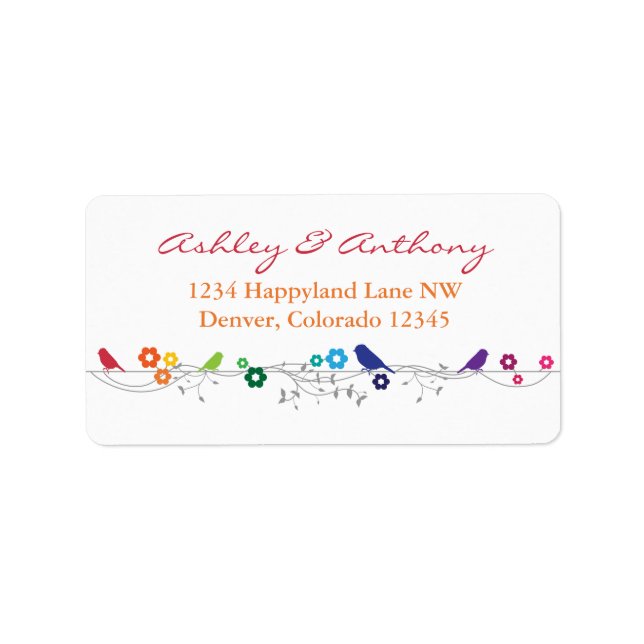 Rainbow Theme Birds Flowers Wedding Return Address Label (Front)