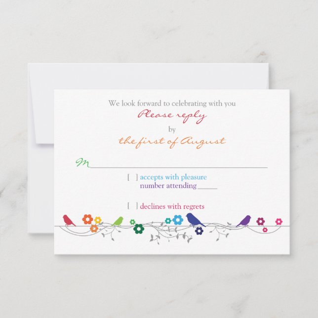 Rainbow Theme Birds Flowers Wedding RSVP Reply (Front)