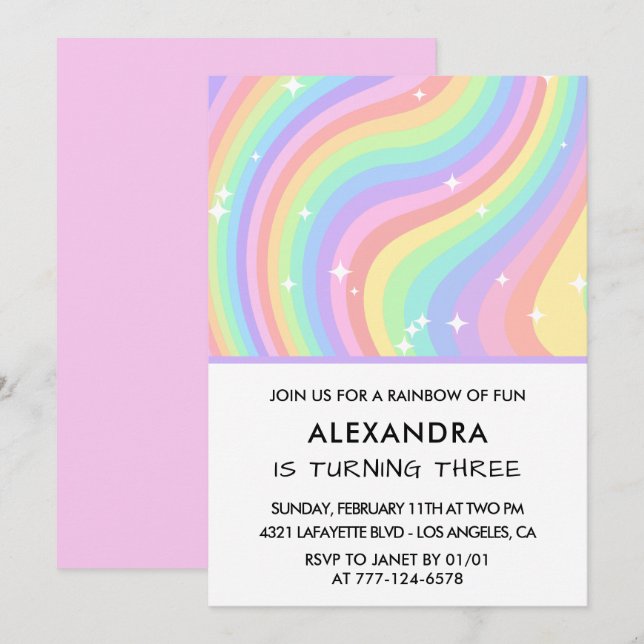 Rainbow Third Birthday Modern Girl Invitation (Front/Back)