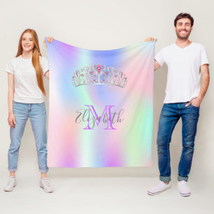 Rainbow tiara crown pink monogram holographic fleece blanket