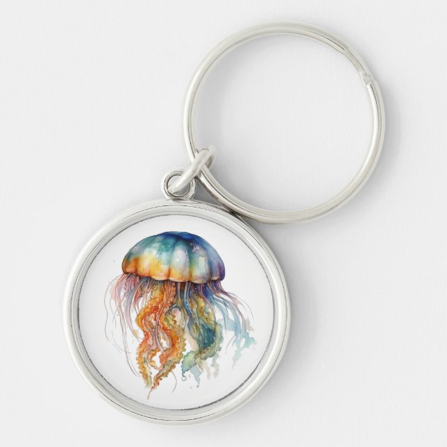 Rainbow Tides Jellyfish: Watercolor Art Keychain (Front)