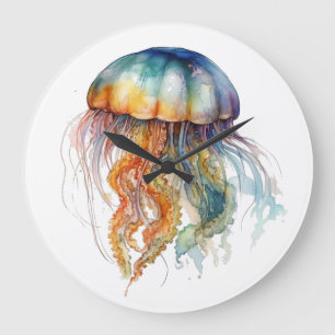 Rainbow Tides Jellyfish: Watercolor Art Large Clock