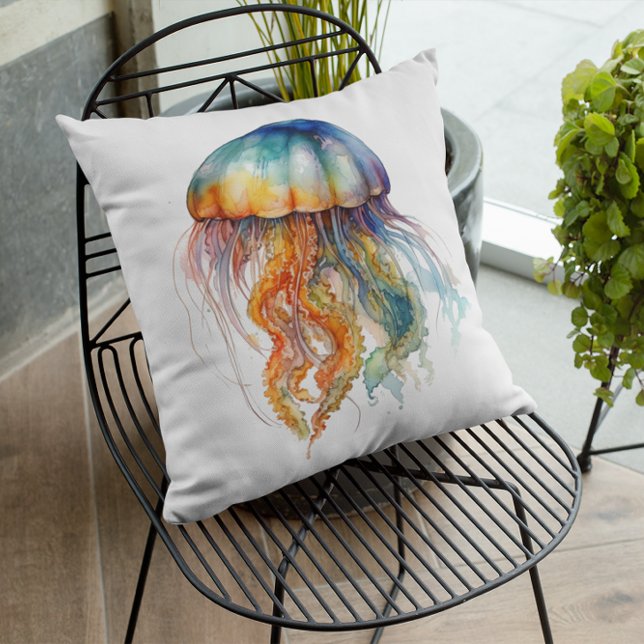 Rainbow Tides Jellyfish: Watercolor Art  Throw Pillow (Creator Uploaded)
