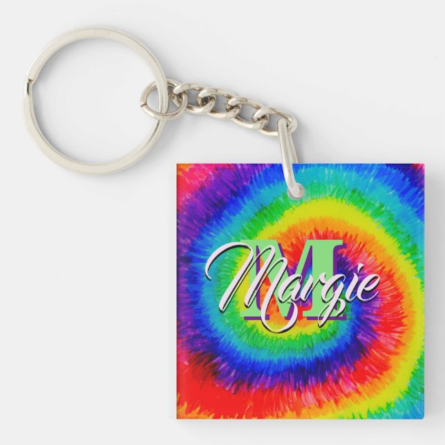 Rainbow Tie-Dye Alcohol Ink Keychain (Front)