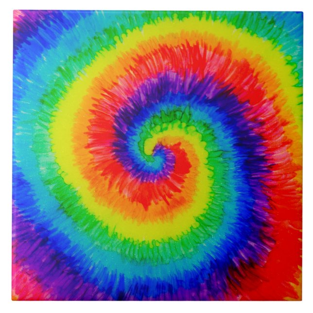 Rainbow Tie-Dye Alcohol Ink Painting Ceramic Tile (Front)