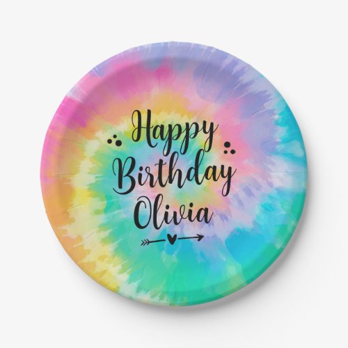 Rainbow Tie Dye Birthday Party Plates Personalized