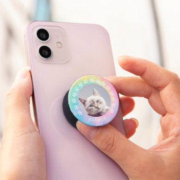 Rainbow Tie Dye Cat Paw Prints Frame Pet Photo Popsocket by heartlocked at Zazzle
