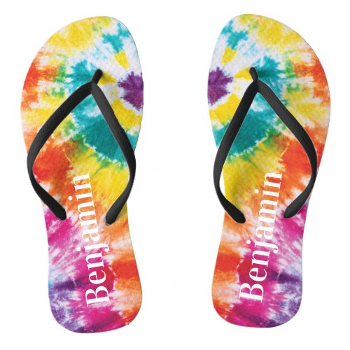 Rainbow Tie Dye Colorful Custom Name Vacation Dad Flip Flops