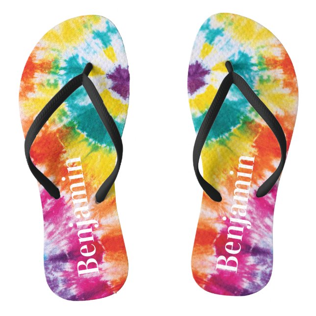 Rainbow Tie Dye Colorful Custom Name Vacation Dad Flip Flops (Footbed)