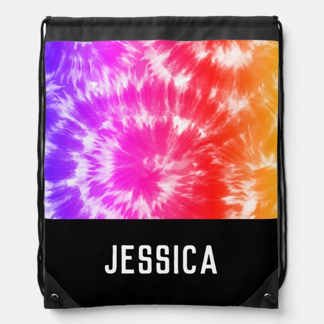 Rainbow Tie Dye Custom Name  Drawstring Bag (Front)