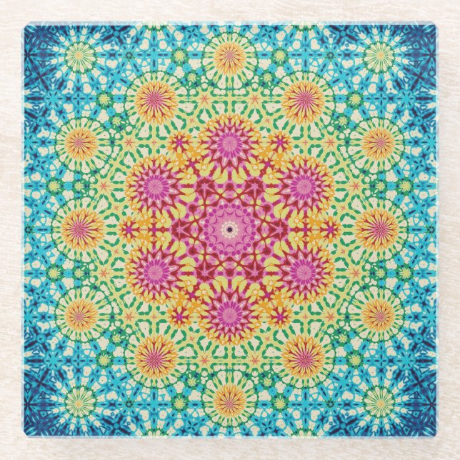 Rainbow Tie-dye Geometric Mandala 1 Pattern Glass Coaster (Front)