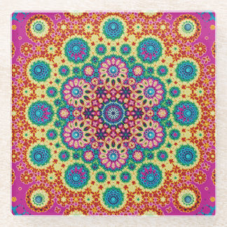 Rainbow Tie-dye Geometric Mandala 3 Pattern Glass Coaster