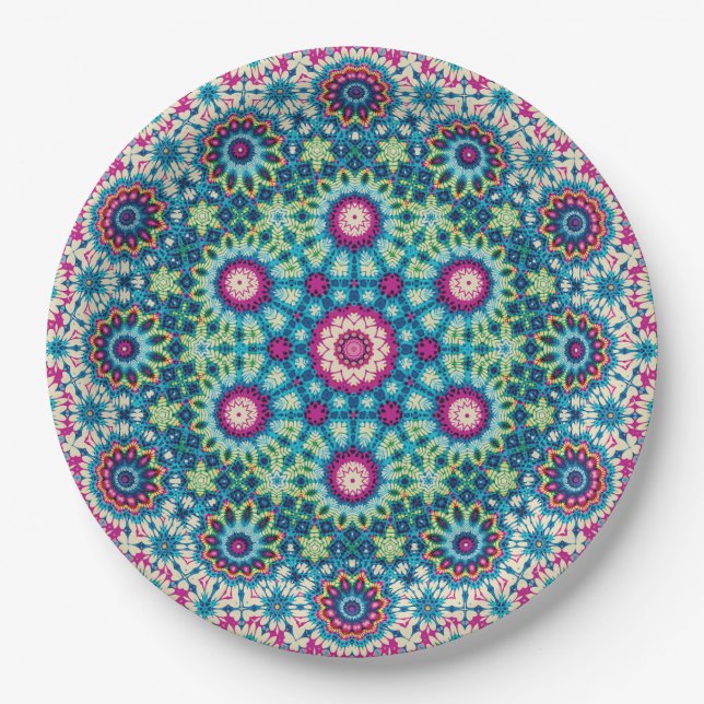 Rainbow Tie-dye Geometric Mandala 5 Pattern Paper Plates (Front)