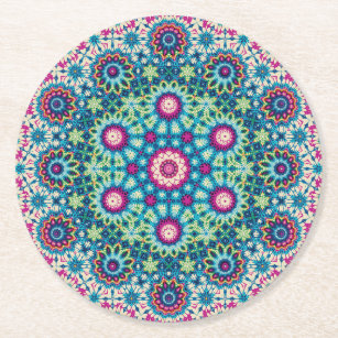 Rainbow Tie-dye Geometric Mandala 5 Pattern Round Paper Coaster