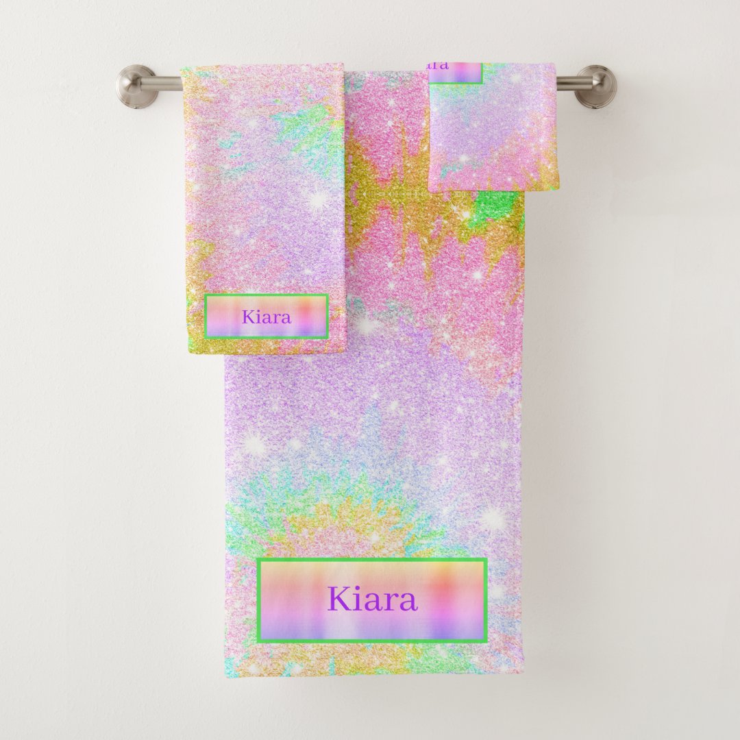 Rainbow Tie Dye Glitter Custom Name Bath Towel Set Zazzle