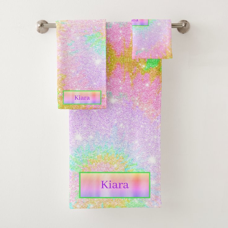 Rainbow Tie Dye Glitter Custom Name Bath Towel Set | Zazzle