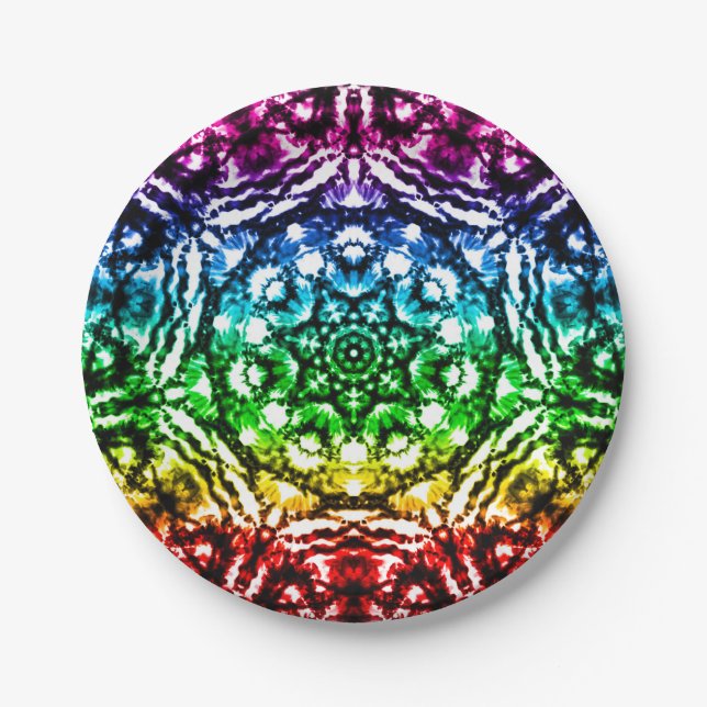 Rainbow Tie Dye Mandala Star Birthday Party Paper Plates (Front)