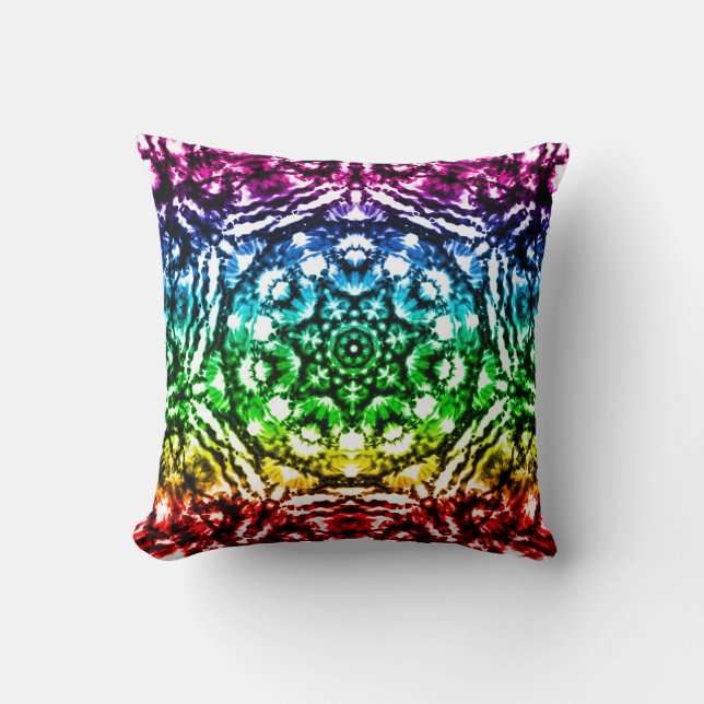 Rainbow Tie Dye Mandala Star Throw Pillow (Front)