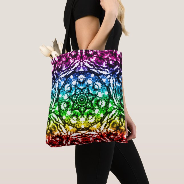 Rainbow Tie Dye Mandala Star Tote Bag (Close Up)