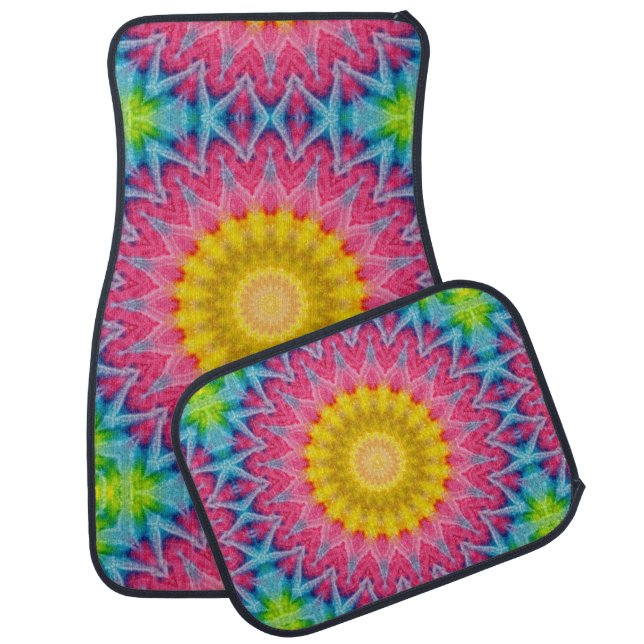 Rainbow Tie-Dye Mandala with Vibrant Symmetry Car Floor Mat (Set)