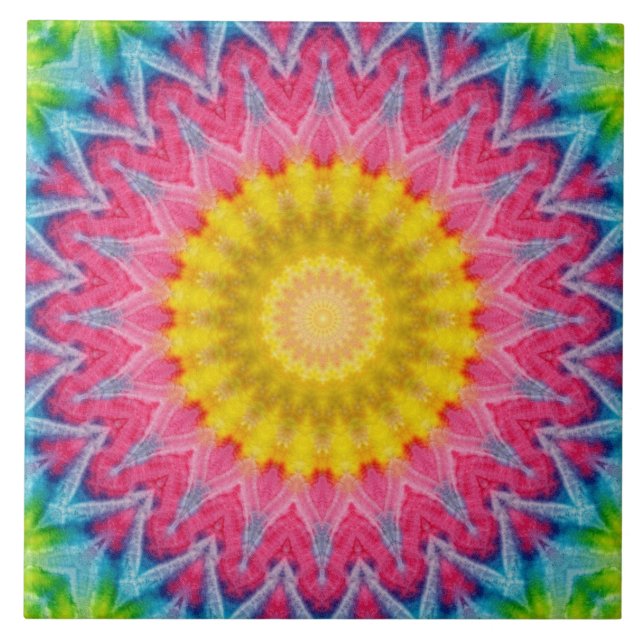 Rainbow Tie-Dye Mandala with Vibrant Symmetry Ceramic Tile (Front)
