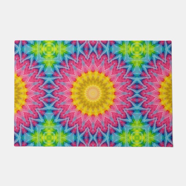 Rainbow Tie-Dye Mandala with Vibrant Symmetry Doormat (Front)