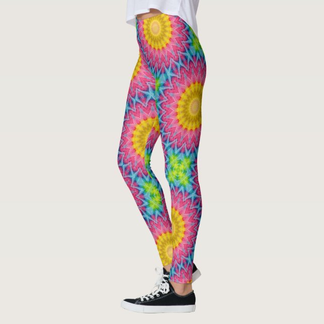 Rainbow Tie-Dye Mandala with Vibrant Symmetry Leggings (Left)