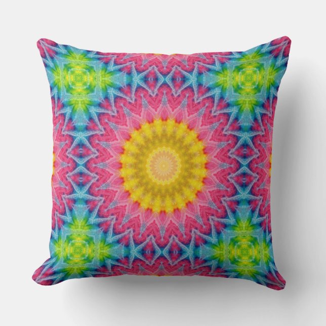 Rainbow Tie-Dye Mandala with Vibrant Symmetry Throw Pillow (Front)