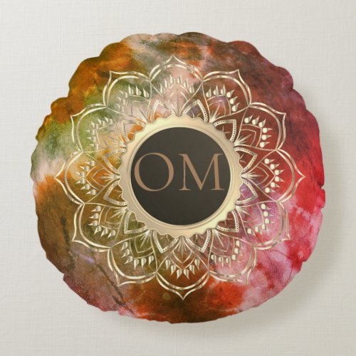 Rainbow Tie Dye OM Lotus Mandala   Round Pillow