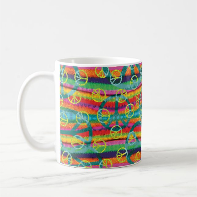 Rainbow Tie Dye Peace Signs Retro Coffee Mug (Left)