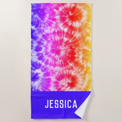 Rainbow Tie Dye Psychedelic Personalized Name Beach Towel