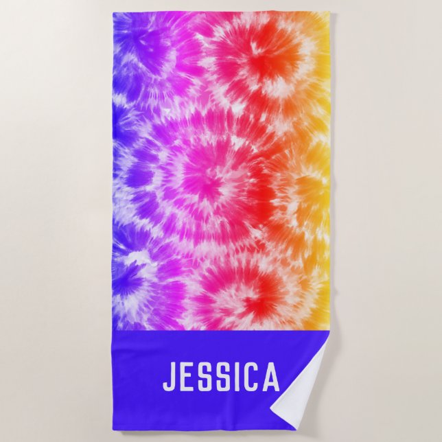 Rainbow Tie Dye Psychedelic Personalized Name Beach Towel (Front)