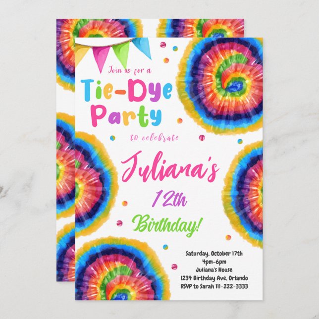 Rainbow Tiedye Birthday Invitation (Front/Back)