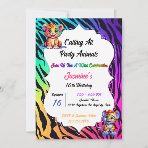 Rainbow Tiger Animal Print Birthday Invitation