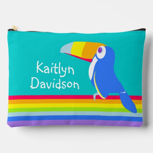 Rainbow toucan teal aqua kids name  accessory pouch