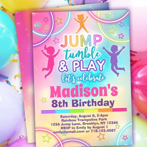 Rainbow Trampoline Park Girls Jump Birthday Invitation