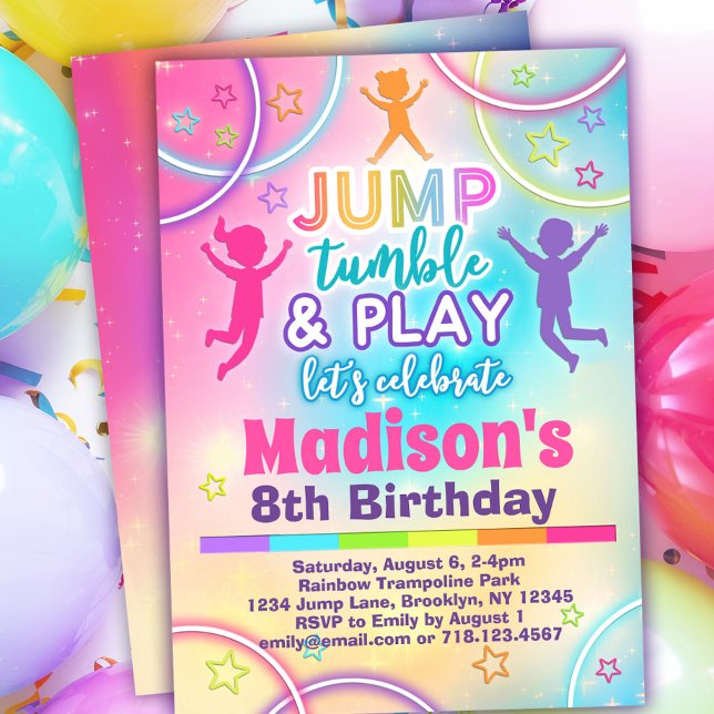 Rainbow Trampoline Park Girls Jump Birthday Invitation (Creator Uploaded)