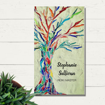Rainbow Tree Green Reiki Business Card by SewMosaic at Zazzle