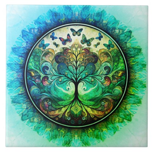 Rainbow Tree of Life Ancient Rustic Ceramic Tile