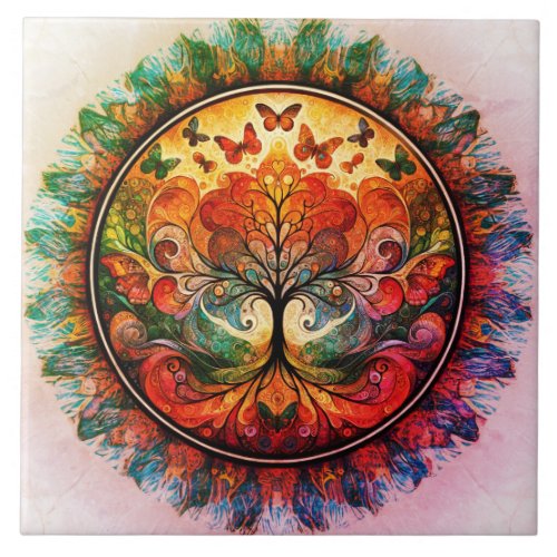 Rainbow Tree of Life Ancient Rustic Ceramic Tile